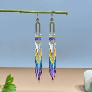 Boho Beaded Dangle Earrings‎ Colorful Seed Bead Fringe Brass Tone